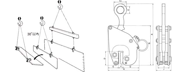 FL-VA三木無傷豎吊鋼板起重鉗尺寸圖與使用圖