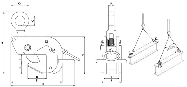 HA-60三木橫吊鋼板鉗尺寸圖與使用圖